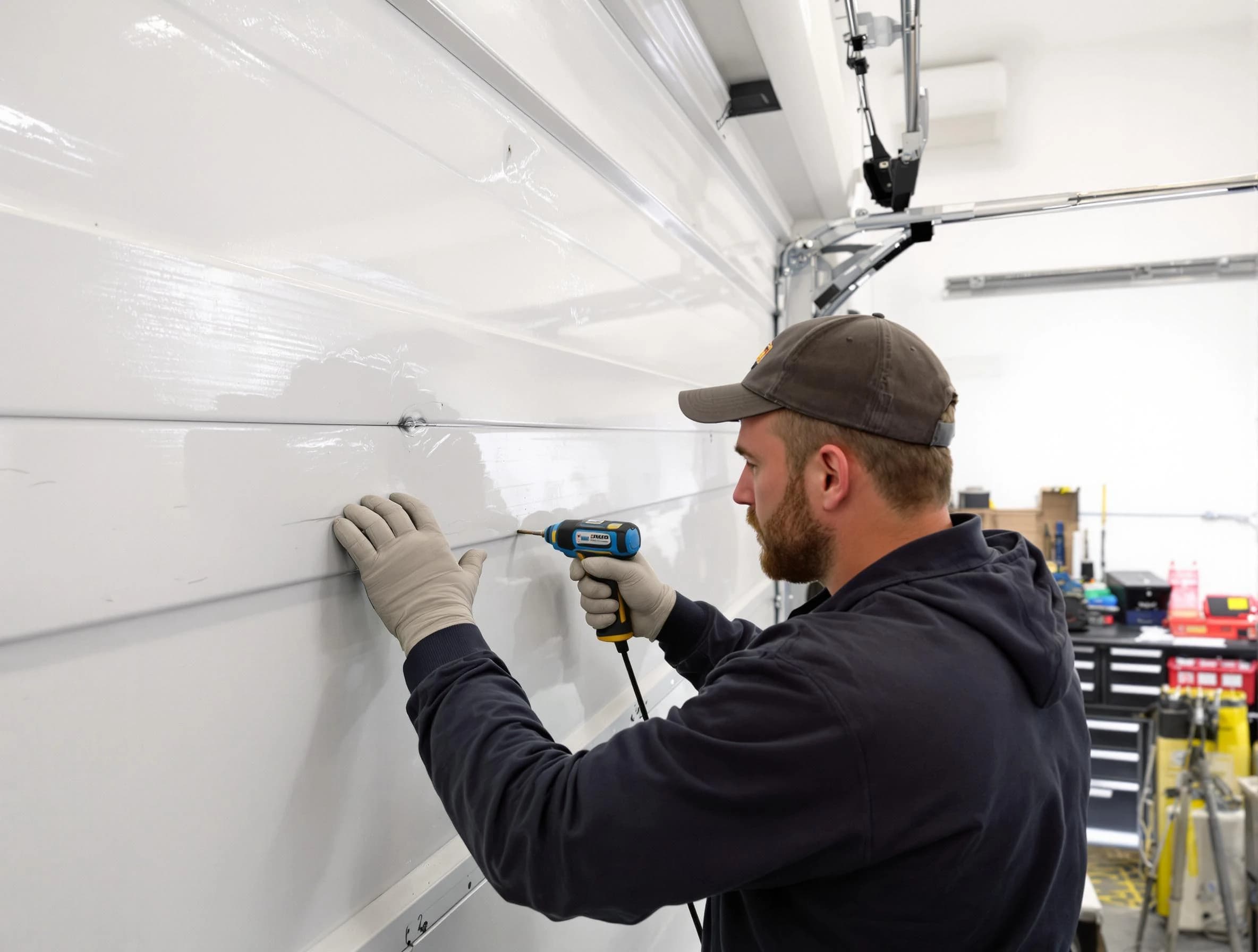 Cranberry Garage Door Repair technician demonstrating precision dent removal techniques on a Cranberry garage door